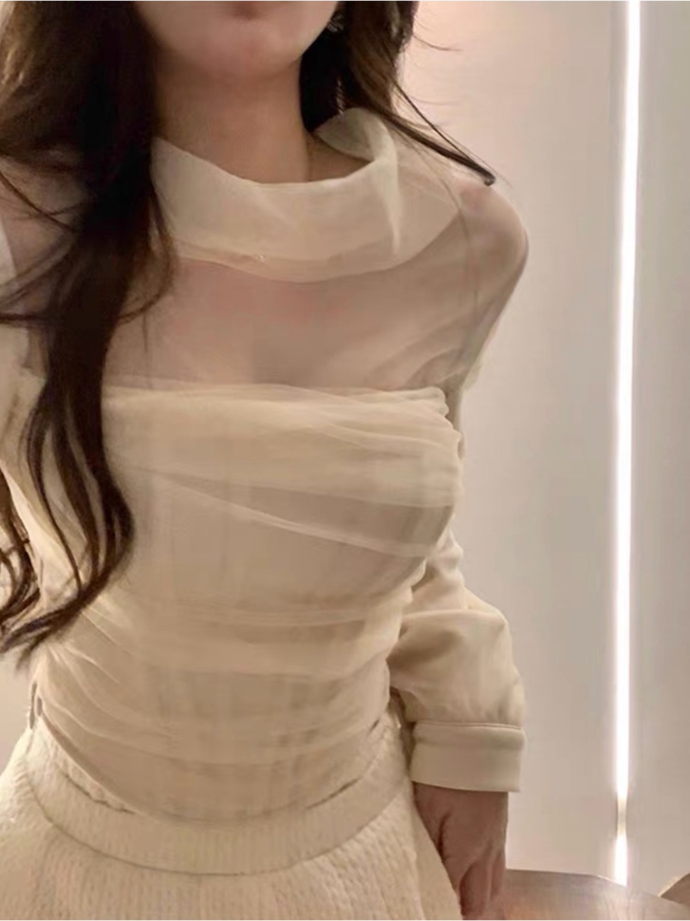 Structured Sheer Cream Puff-Sleeve Cropped Top - Picture 7 of 7